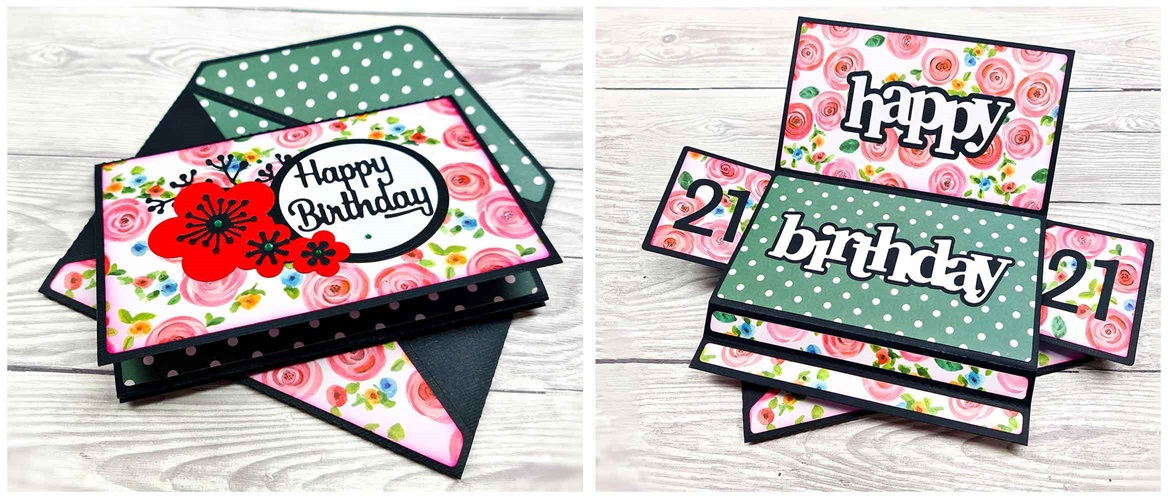 floral and polka dog double pop out birthday card