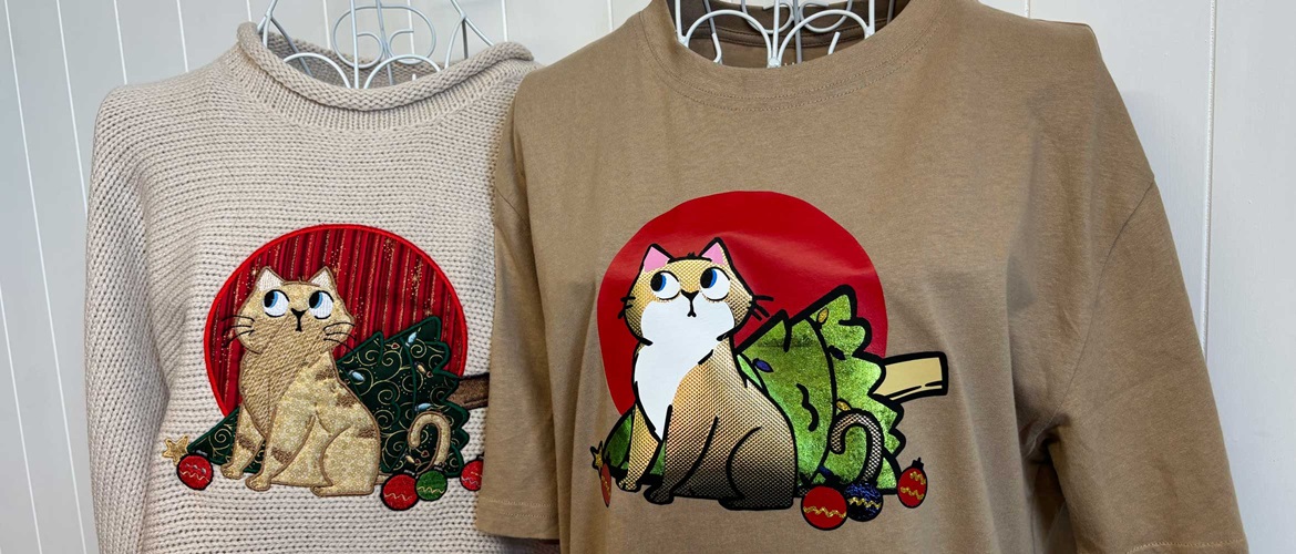Cartoon cat and knocked down Christmas tree appliqué and vinyl 