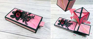 Pink popping cube papercraft card with black floral detail