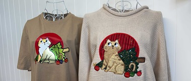 Cartoon cat and knocked down Christmas tree appliqué and vinyl