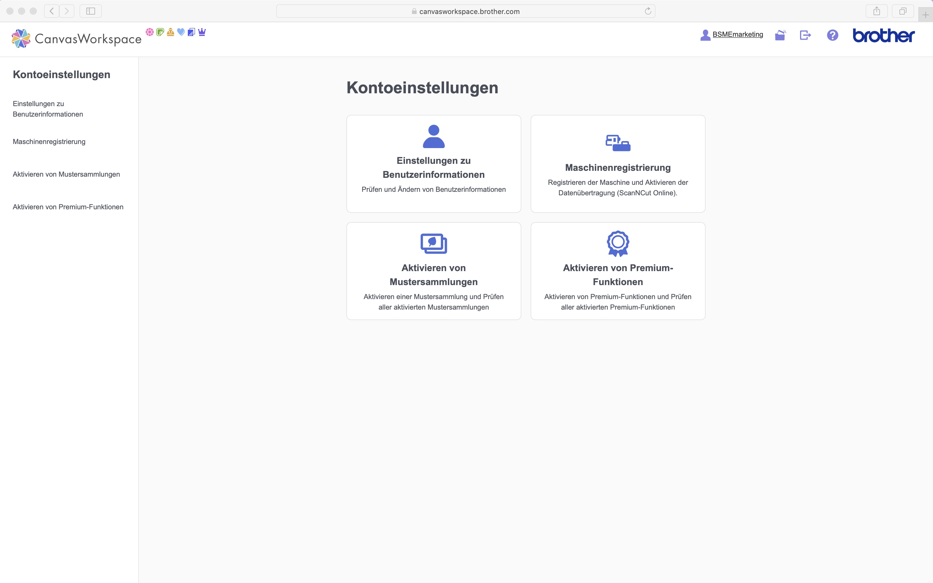 Canvasworkspace-Kontoseite