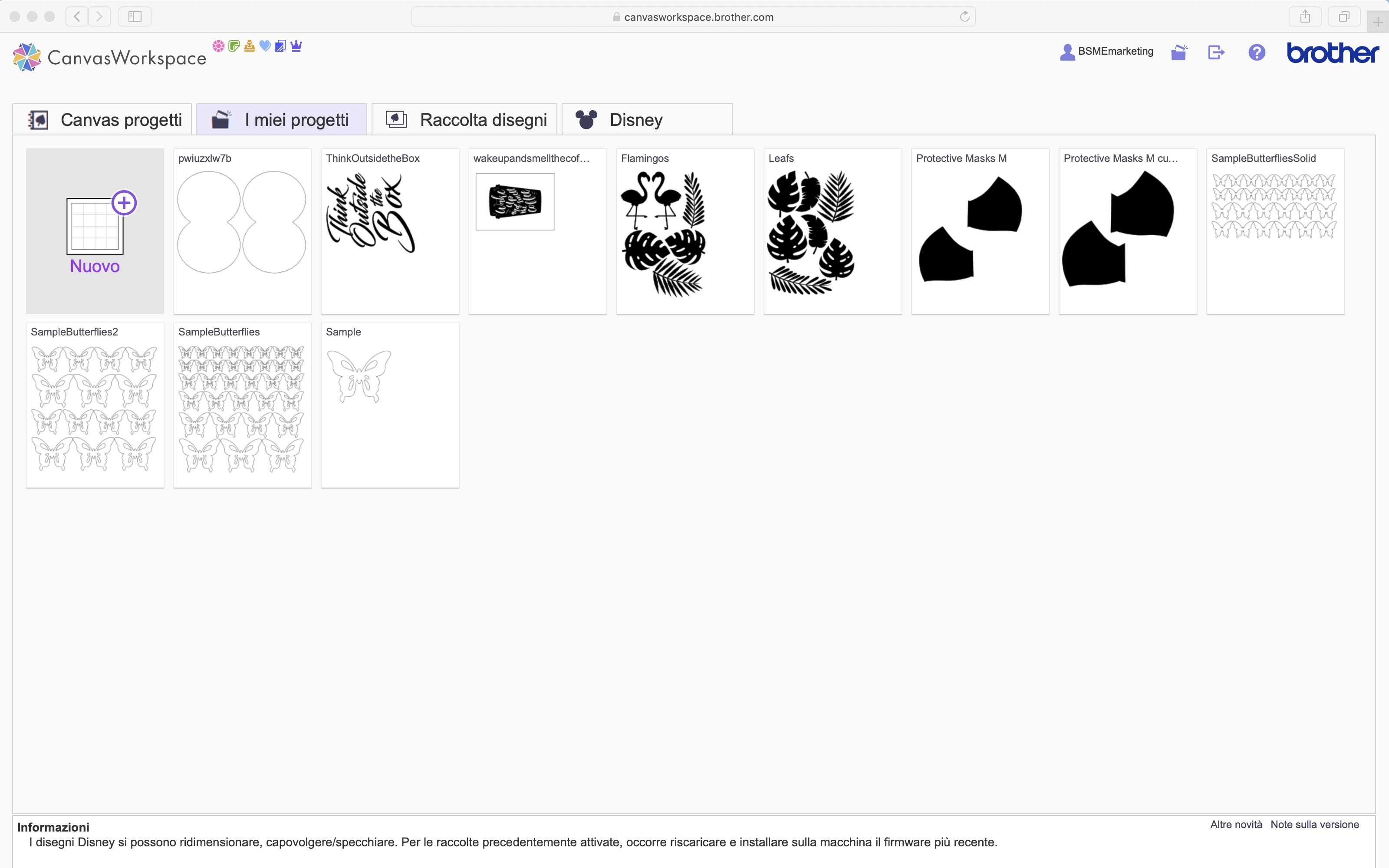 Pagina dei progetti propri di CanvasWorkspace