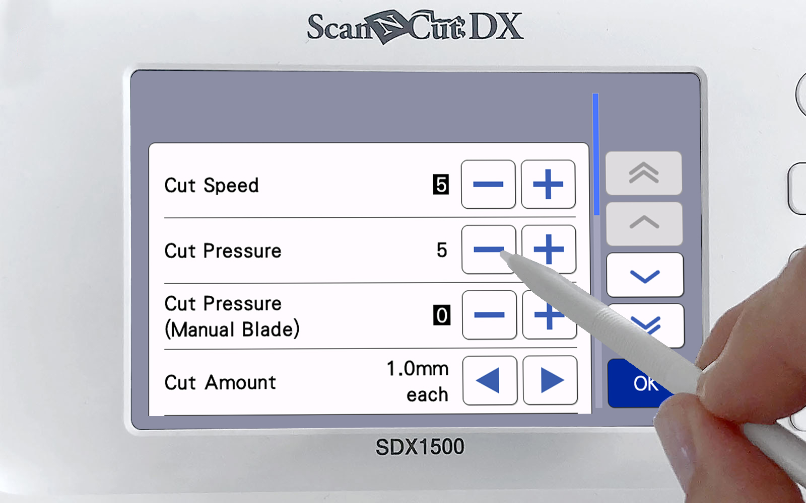 close up of Brother ScanNCut screen with cutting pressure selected