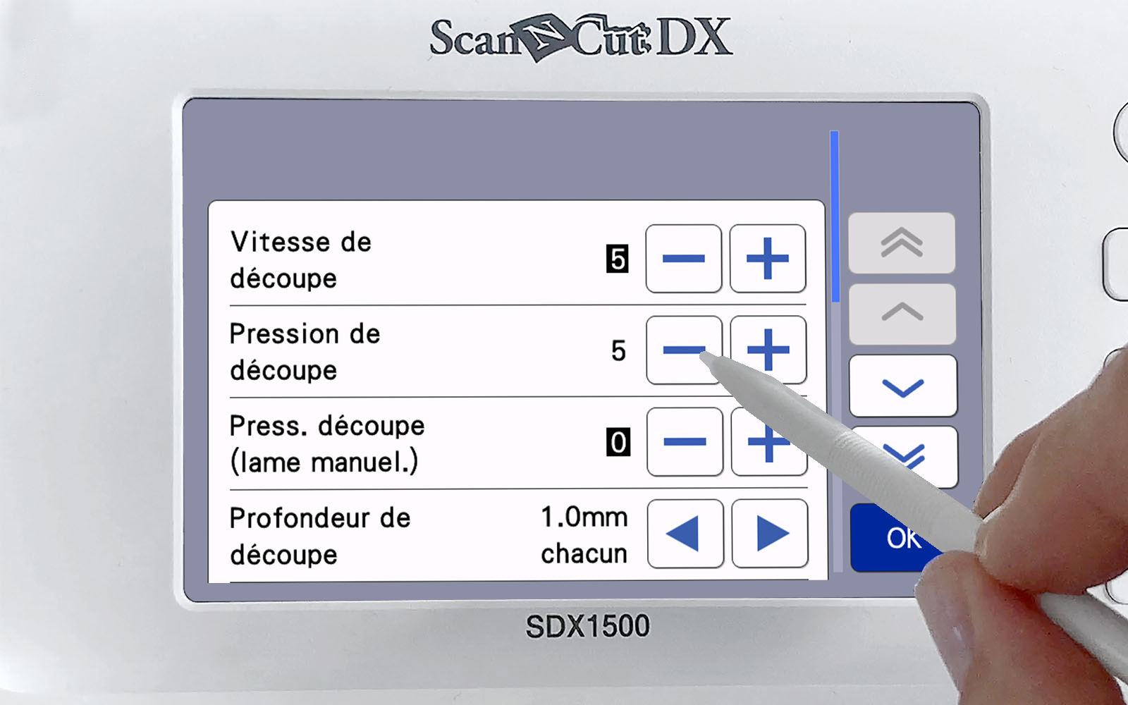 close up of Brother ScanNCut screen with cutting pressure selected
