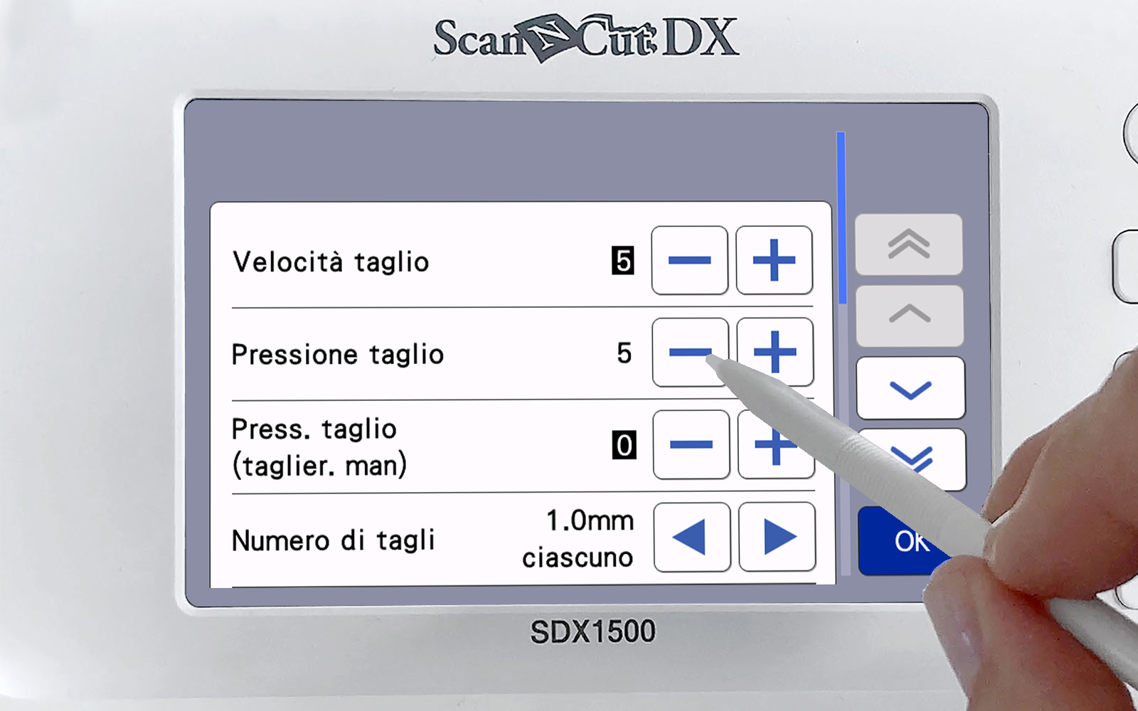close up of Brother ScanNCut screen with cutting pressure selected