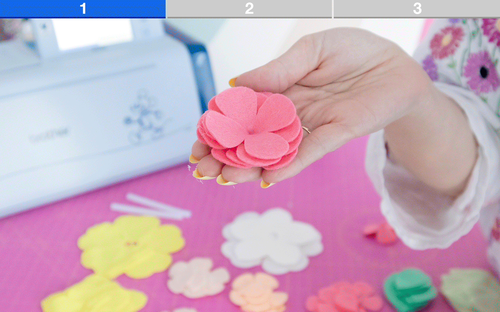 Felt flowers glued from large to small petals.