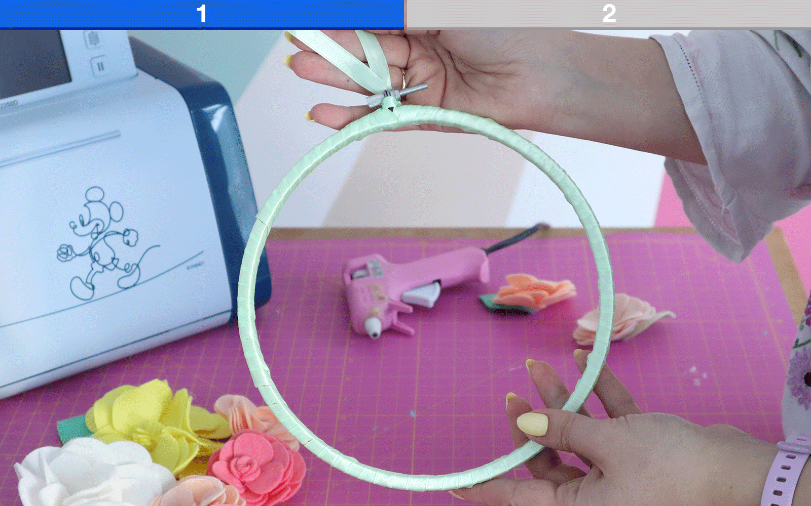 Ribbon wrapped embroidery hoop and Brother ScanNCut