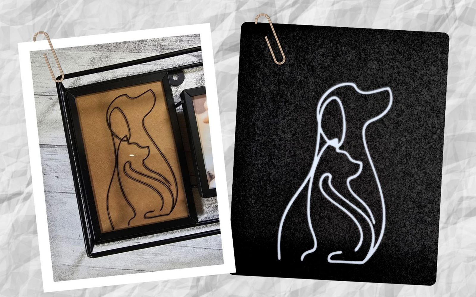 Silhouette de ligne du chien et du chat dans un cadre à broder et sur une carte noire.