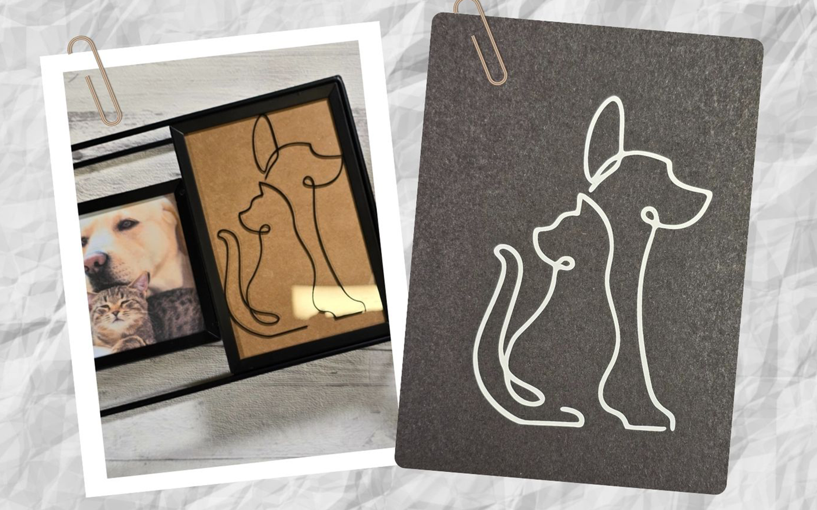 Silhouette de ligne de chat et de chien dans un cadre à broder et sur une carte grise.