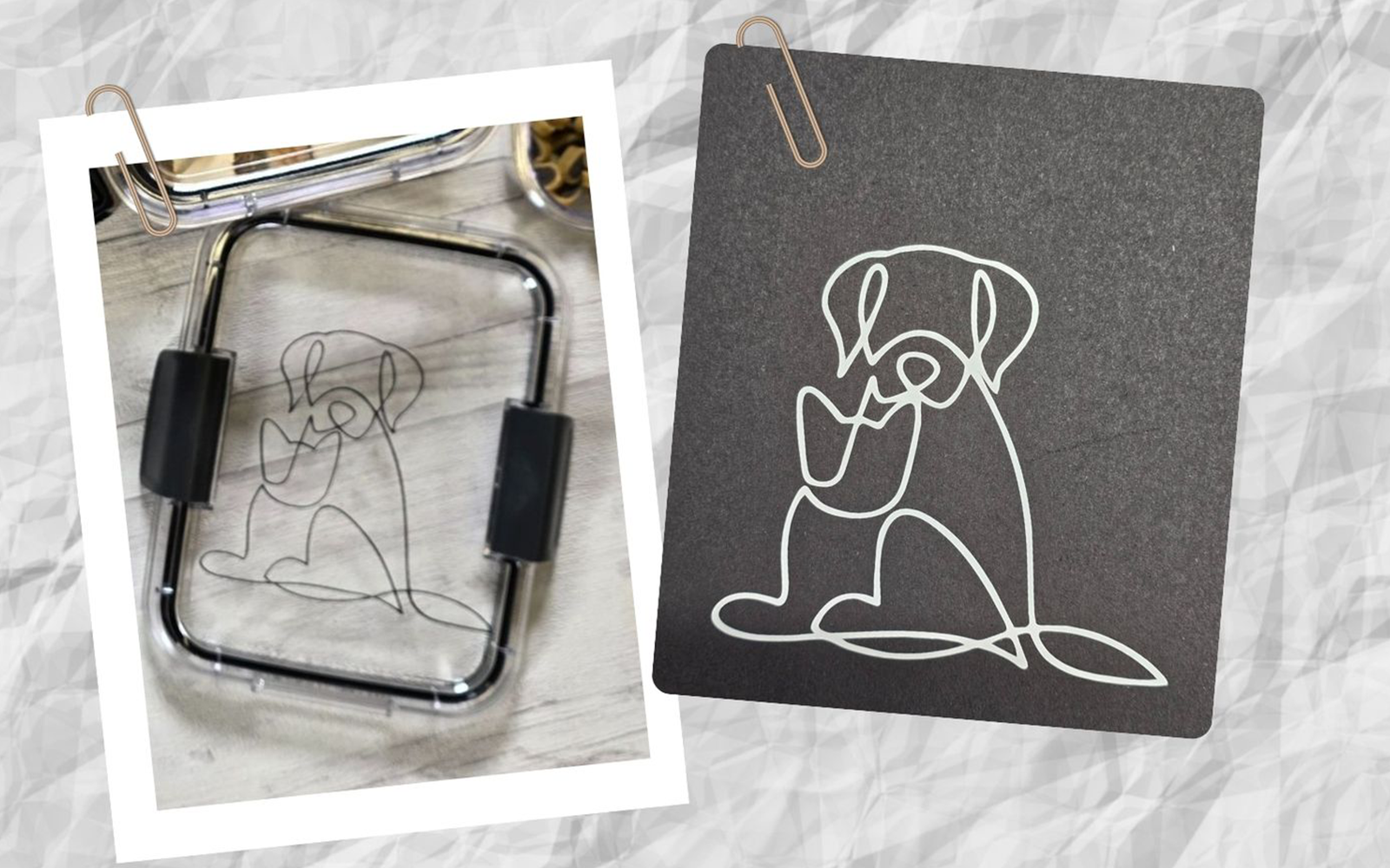 Silhouette en ligne d'un chien et d'un chat sur un couvercle en plastique et sur une carte grise.