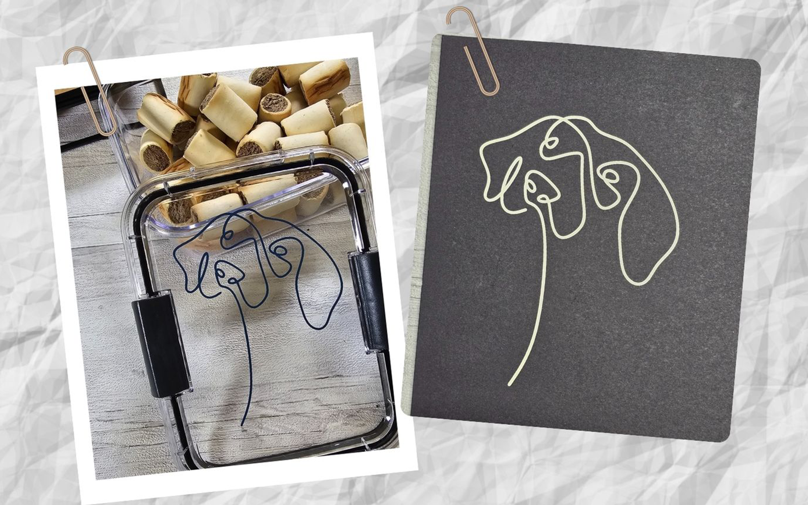 Silhouette de chien en ligne sur un couvercle en plastique et sur une carte grise.