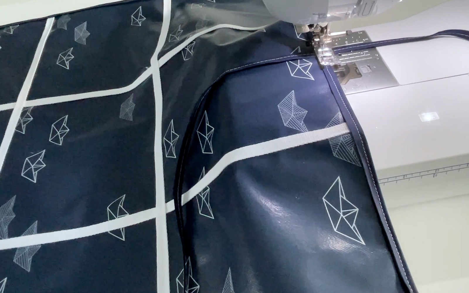 Attaching bias binding tie to oilcloth with Brother sewing machine