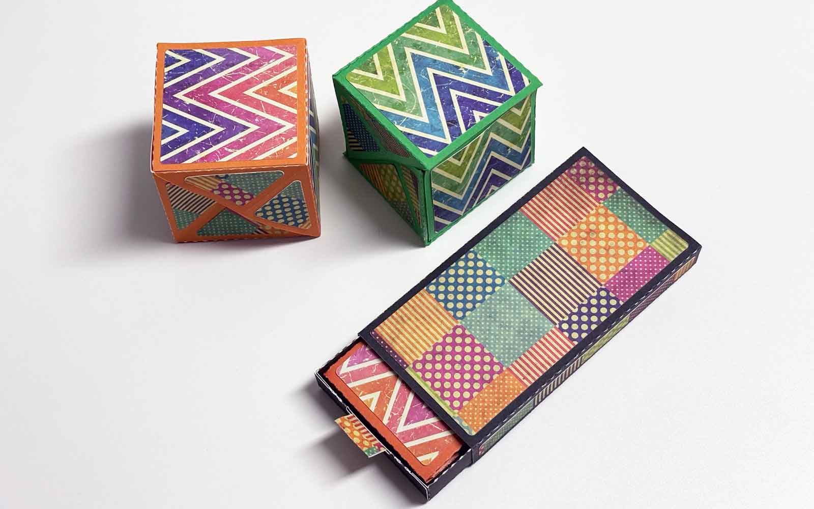 Two geometric patterned popping cards and box 