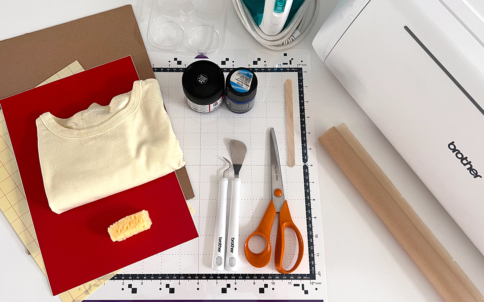 Materials and tools needed to make a vintage surfing shirt with Brother ScanNCut