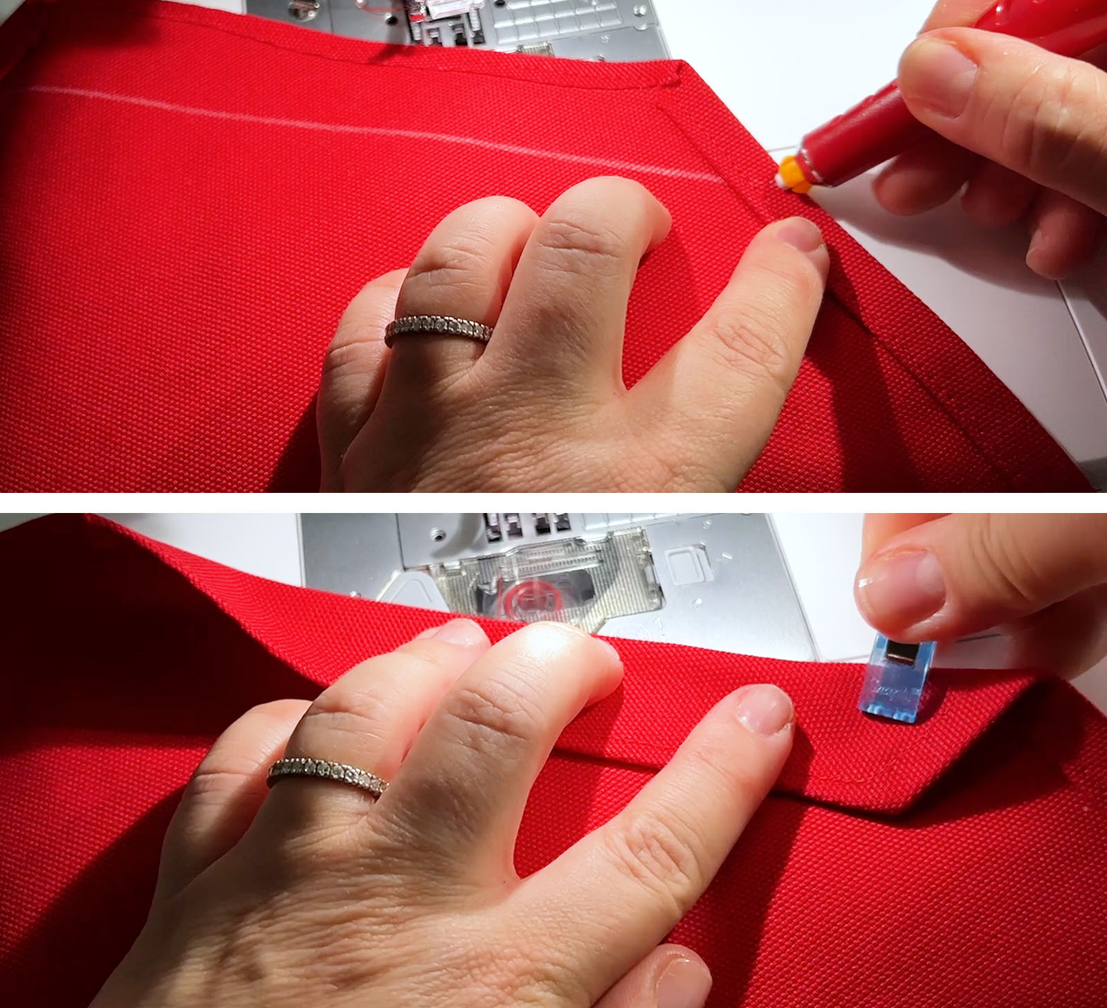 White chalk line on red fabric and folded fabric fixed with clips