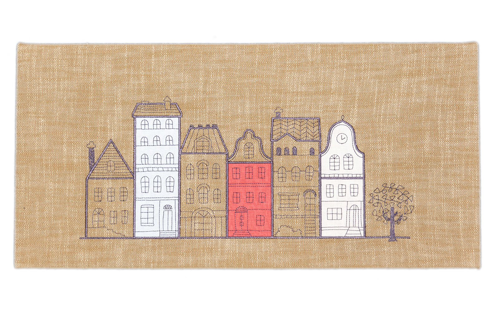 red and white appliquéd houses embroidered in black stitch naïve style 