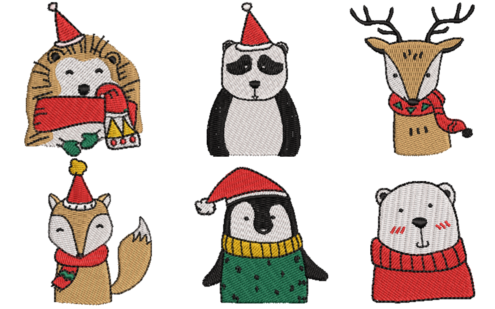 Six festive embroidered animal characters on white background