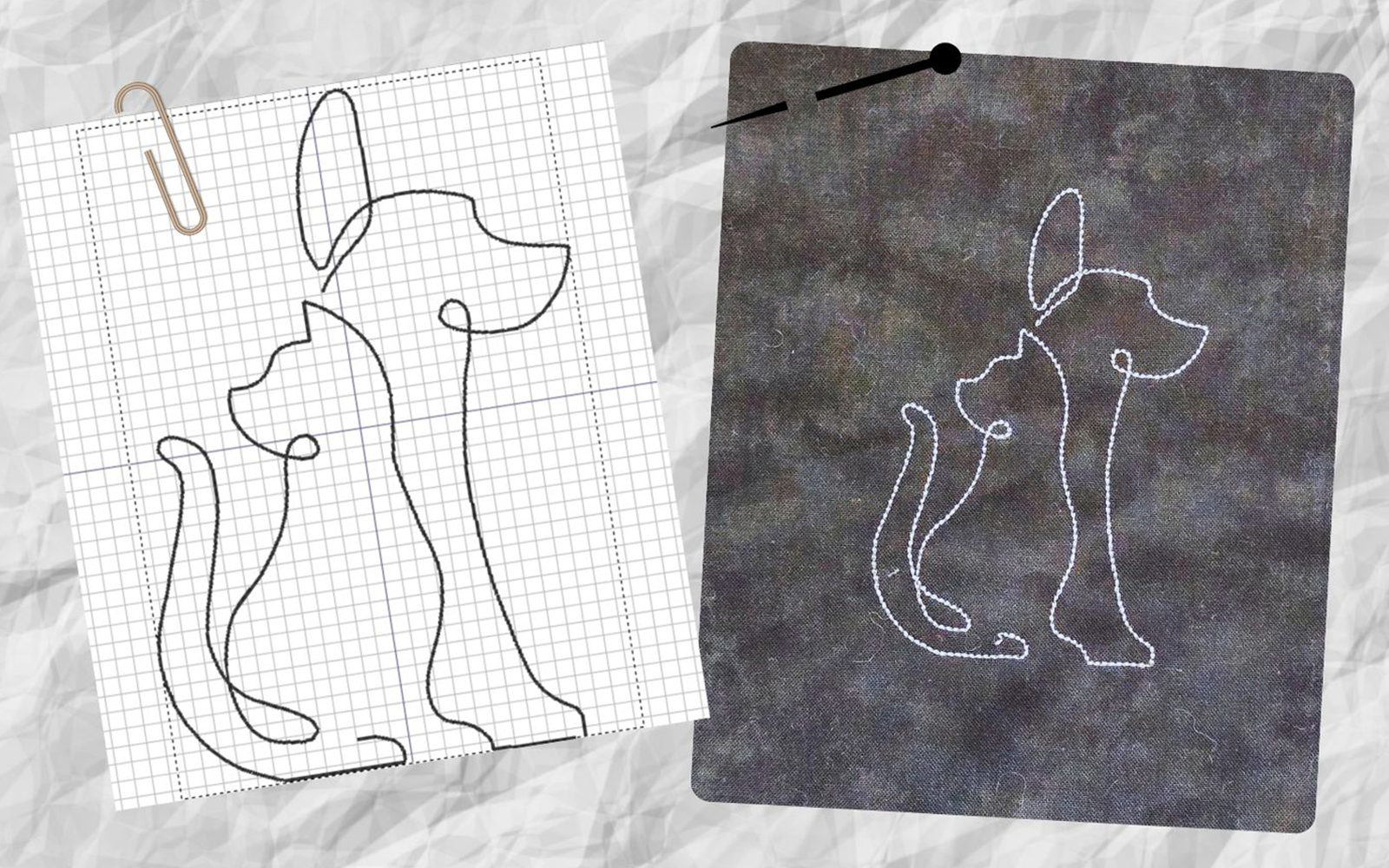 Silhouette de broderie en ligne d'un chien et d'un chat dos à dos.