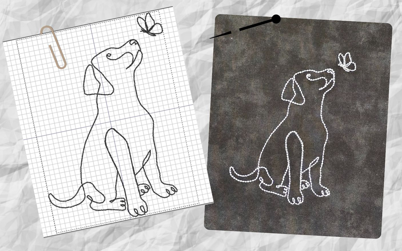 Silhouette de broderie en ligne d'un chien avec un papillon