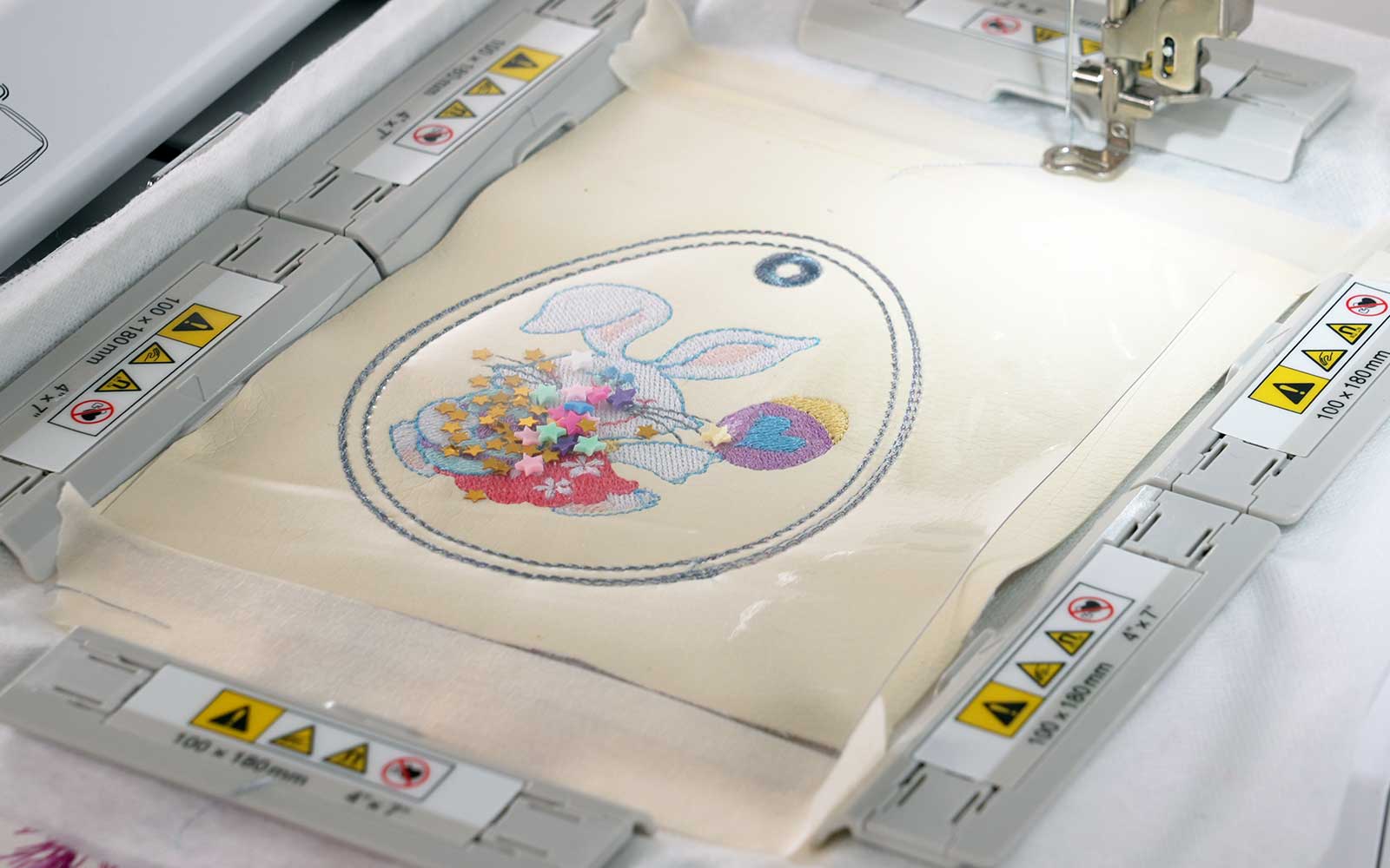 Embroidered Easter bunny and egg in Brother embroidery frame