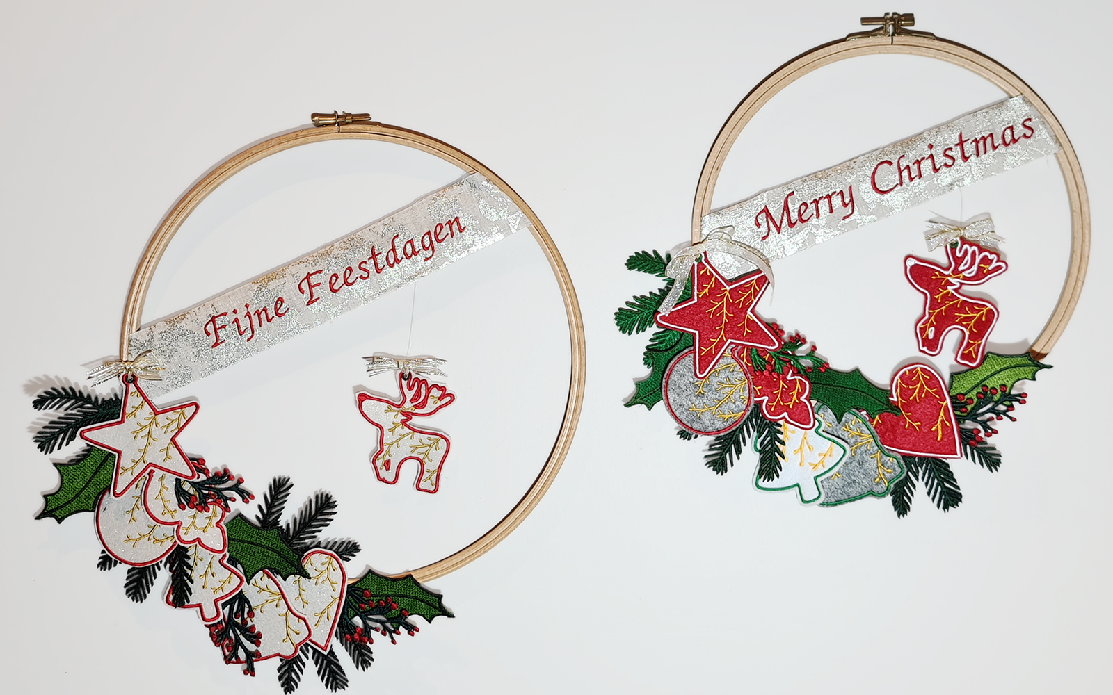 Kerstkrans gemaakt van feestelijke borduurpatroon silhouetten.