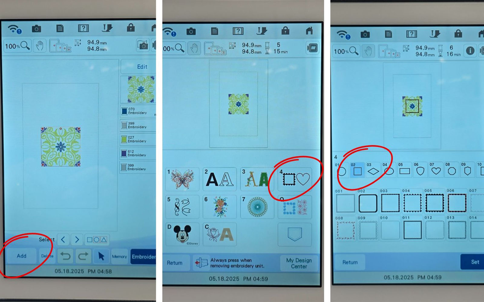 Selecting border design on Brother embroidery machine