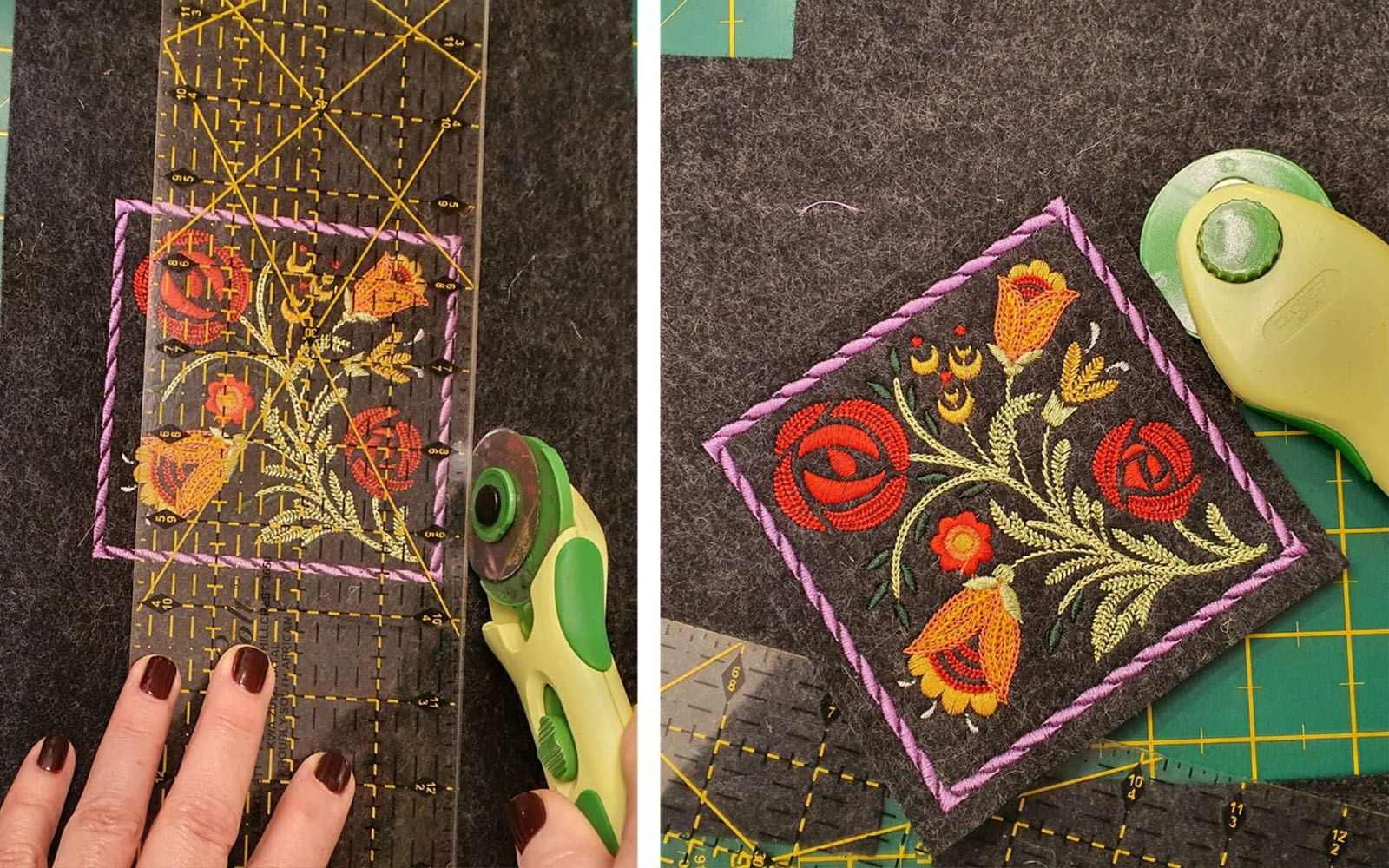 Embroidered coasters trimmed with quilting ruler