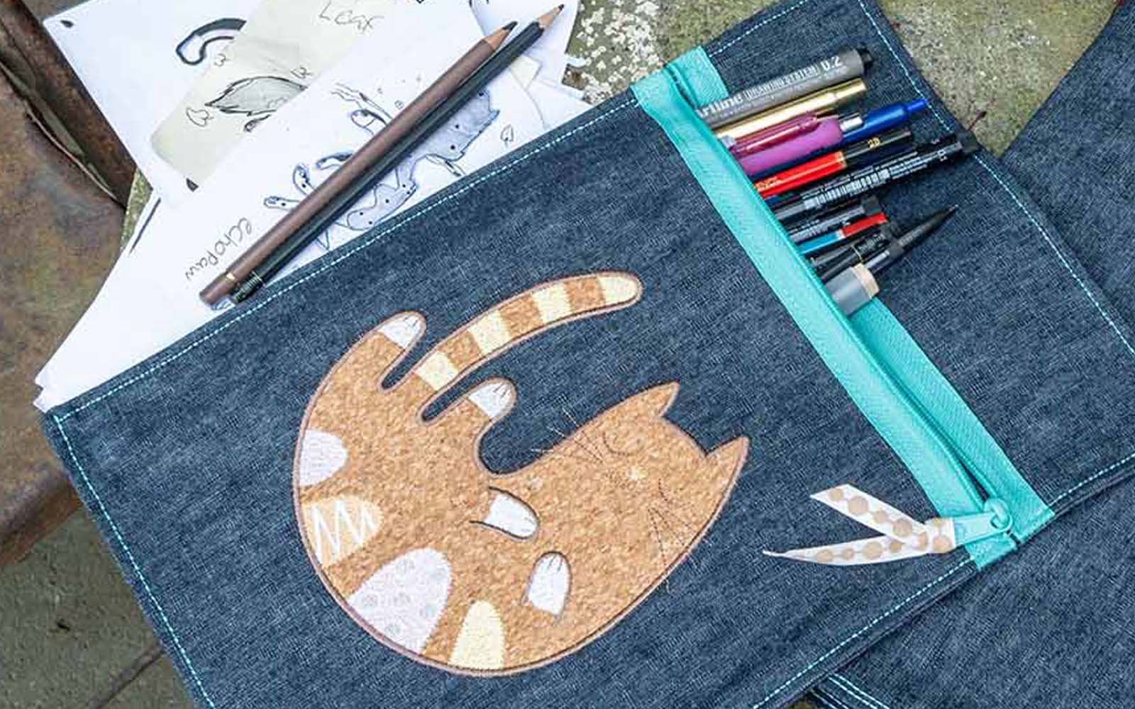 cartoon cat appliqué on pencil case