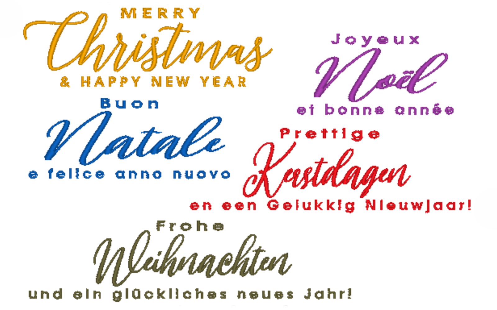 geborduurde vrolijke kerstboodschap in verschillende talen