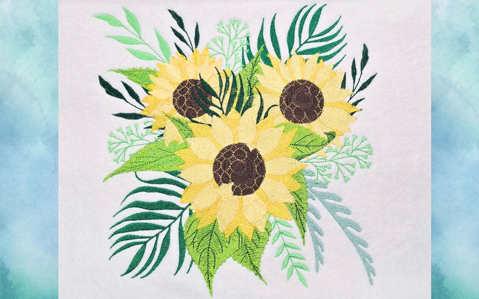 Embroidered sunflowers on white background