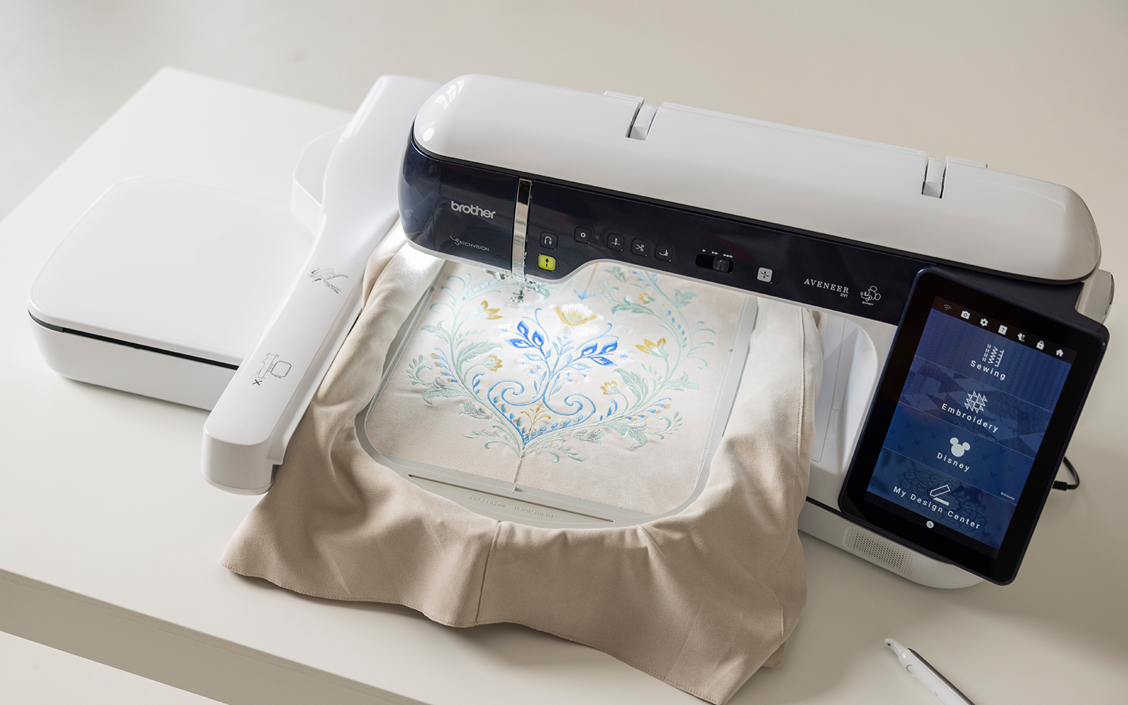 Close-up of Brother EV1's screen showing sewing and embroidery options, ideal for users choosing a machine that supports long-term skill growth