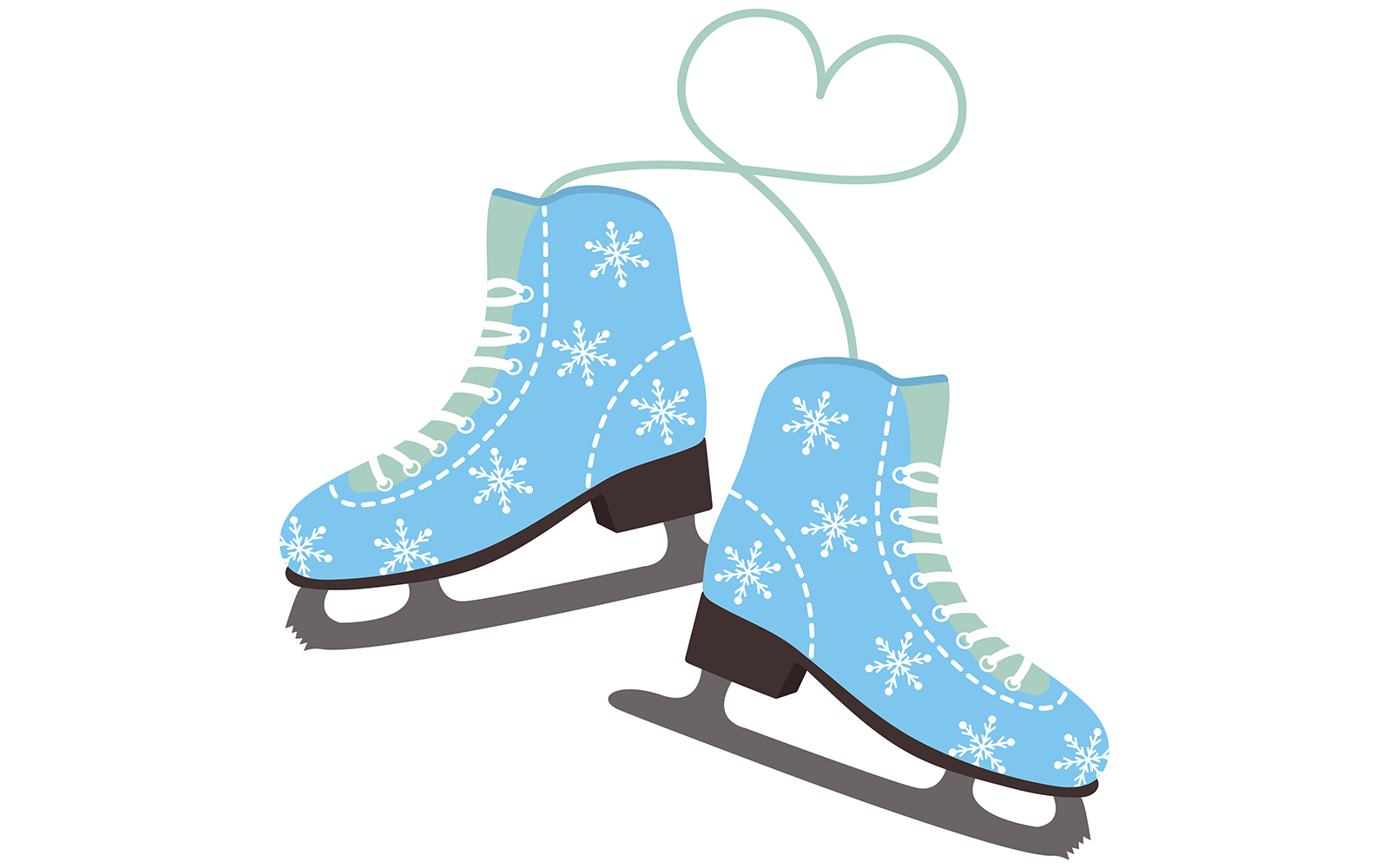 Pair of wintery ice skates with white laces and silver blades resting on a clean white background.