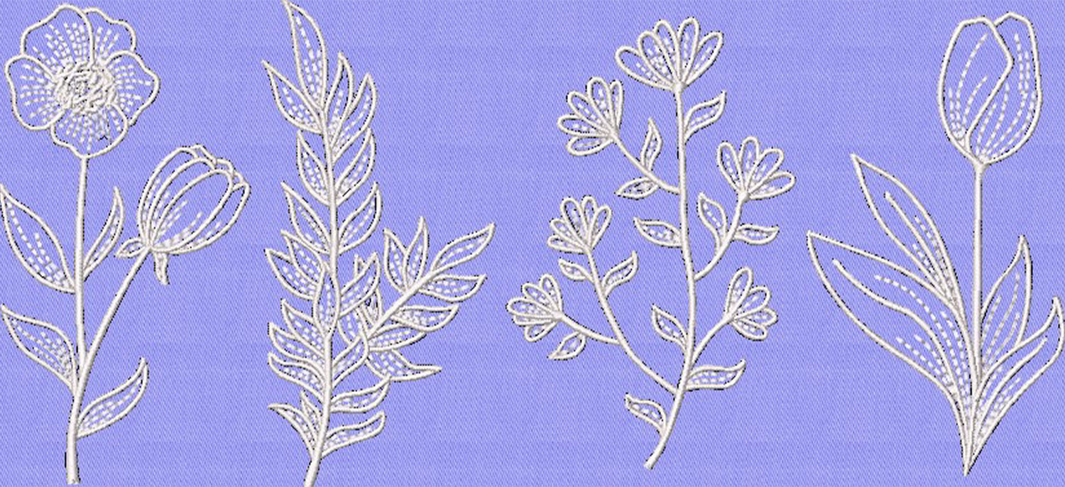 Motifs floraux brodés en lignes blanches sur fond violet clair