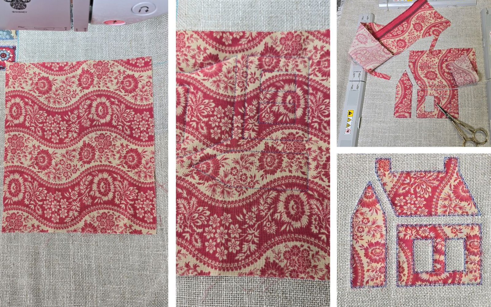 Applicatie huis gemaakt met rode bloemen stof op beige linnen
