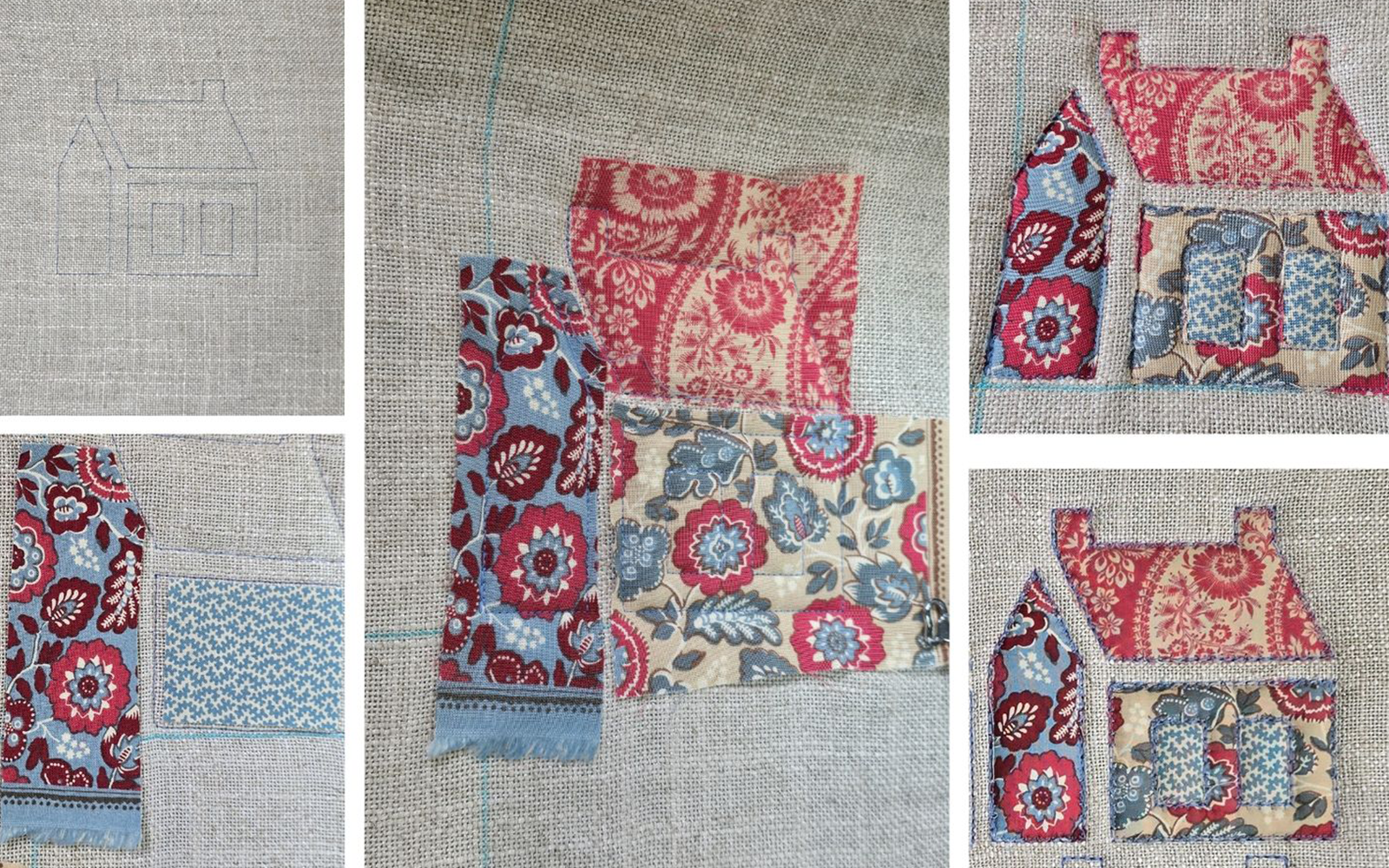Applicatie huis gemaakt met ditsy bloemen stoffen op beige linnen