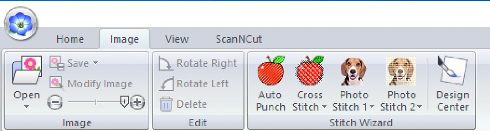Icone del punto fotografico sulla barra delle schede del software di ricamo Brother PE-Design 11