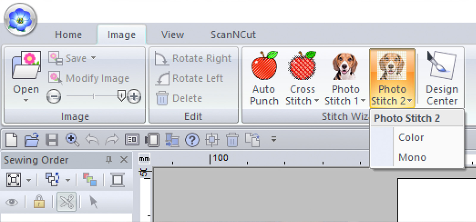 Schermata delle opzioni colore di Photo Stitch 2 nel software Brother PE-Design