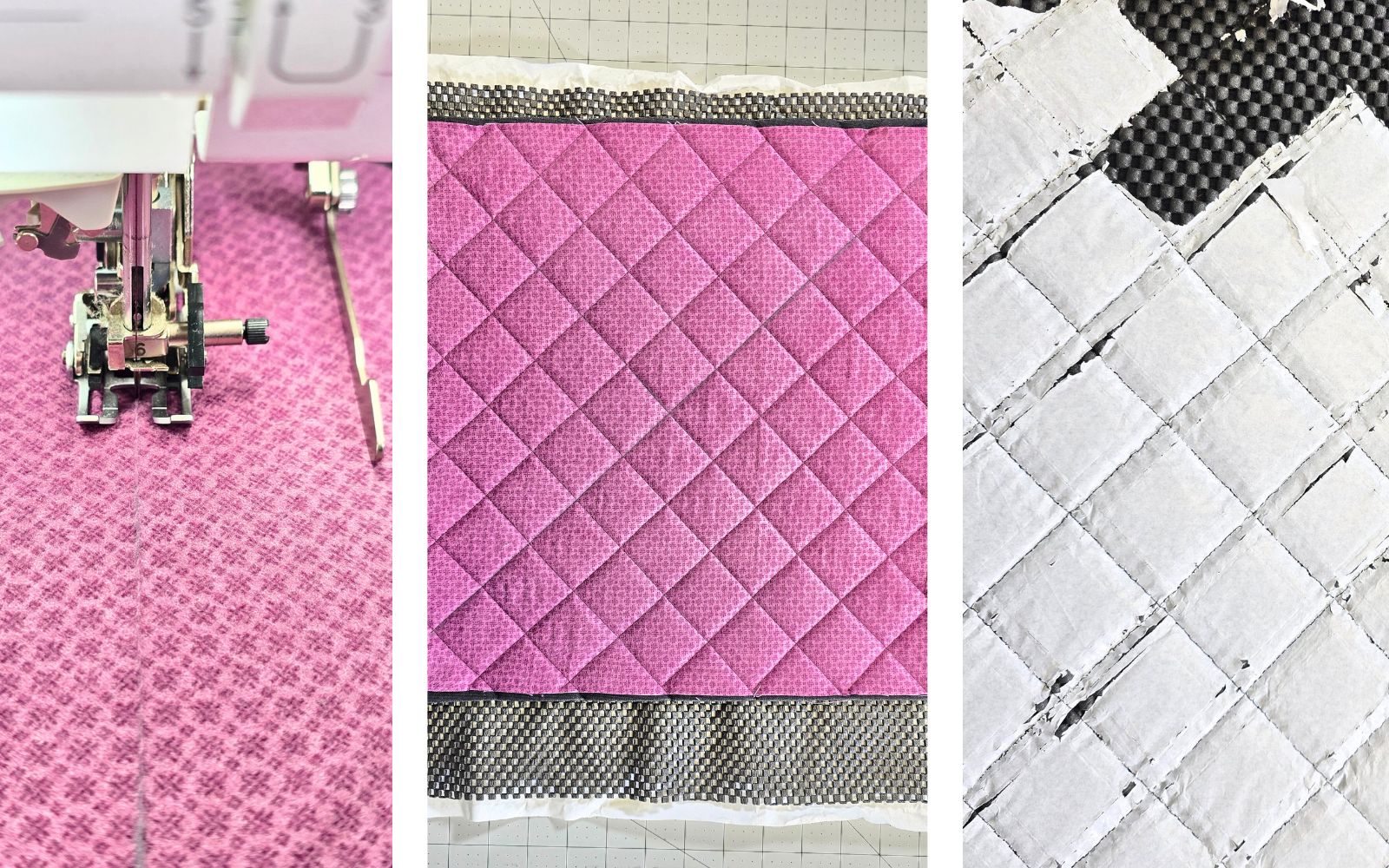 Purple flannel fabric being quilted on sewing machine