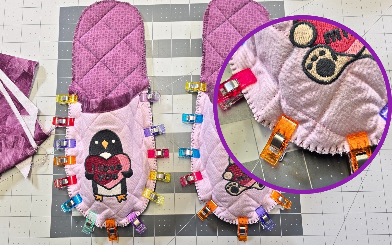 Pink embroidered slippers held together with clips