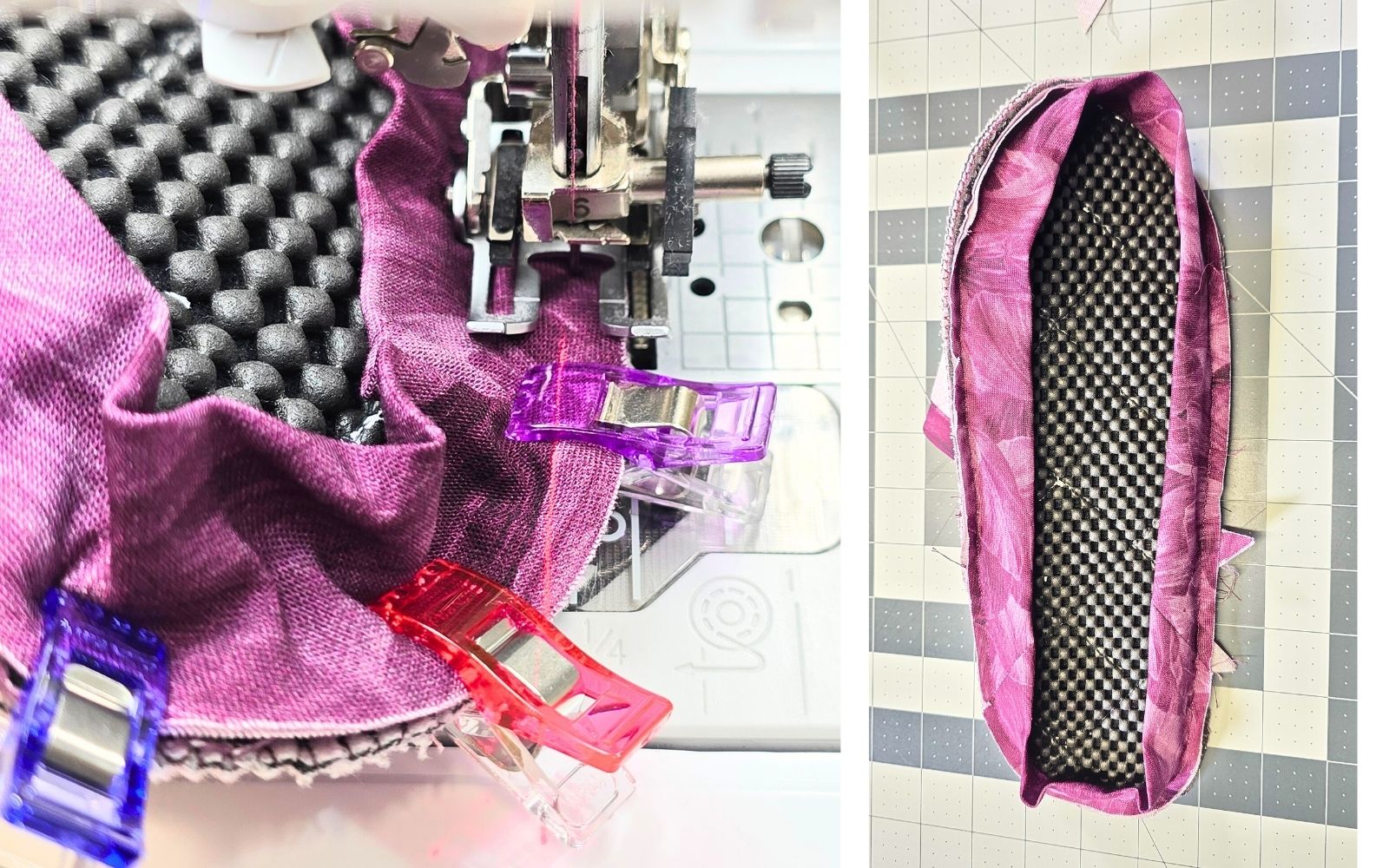 Purple binding being sewn onto grey slipper sole