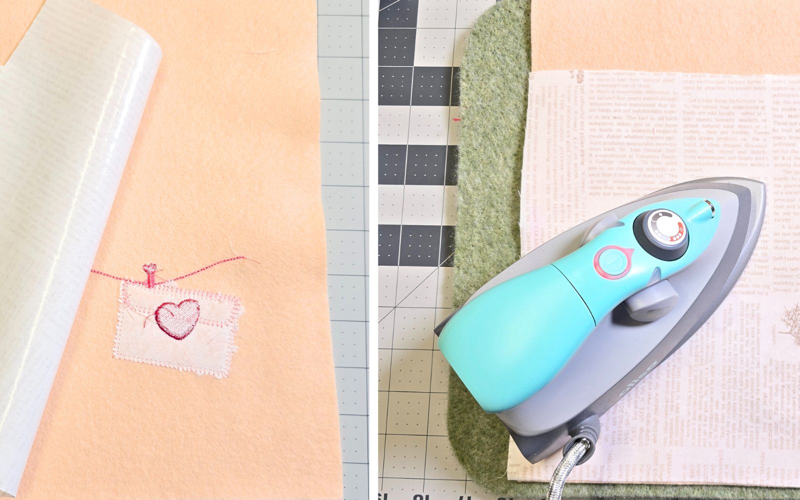 feutrine couleur pêche avec feuille thermocollante, coton blanc et Fer/table à repasser.