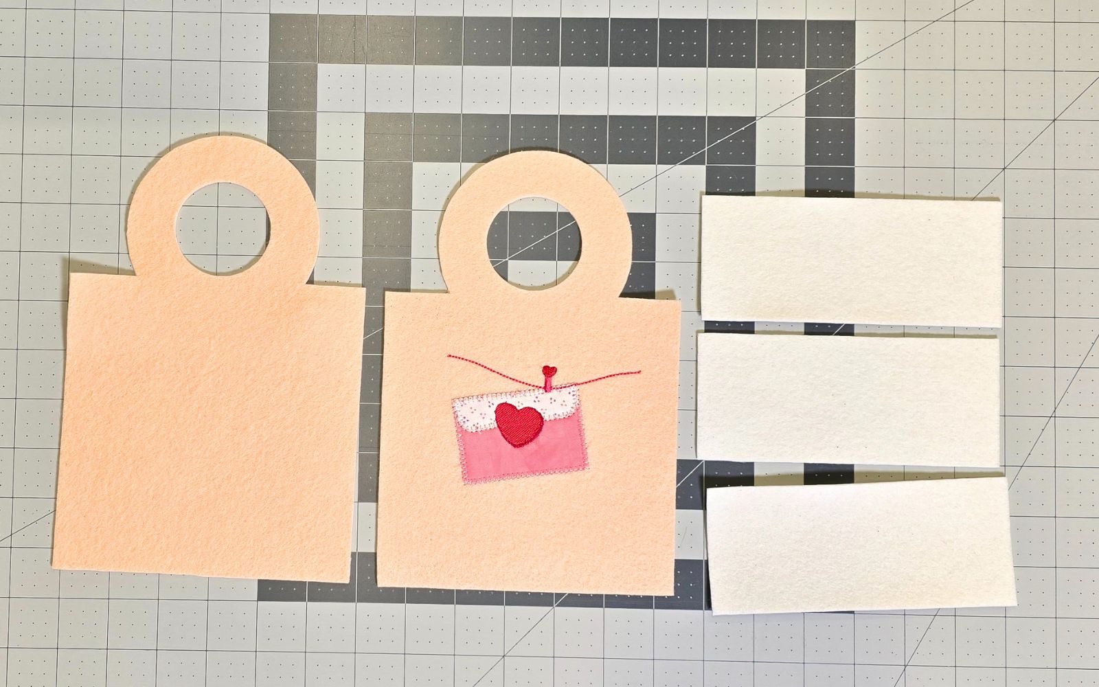 Heart embroidered peach felt bag sewing pattern pieces