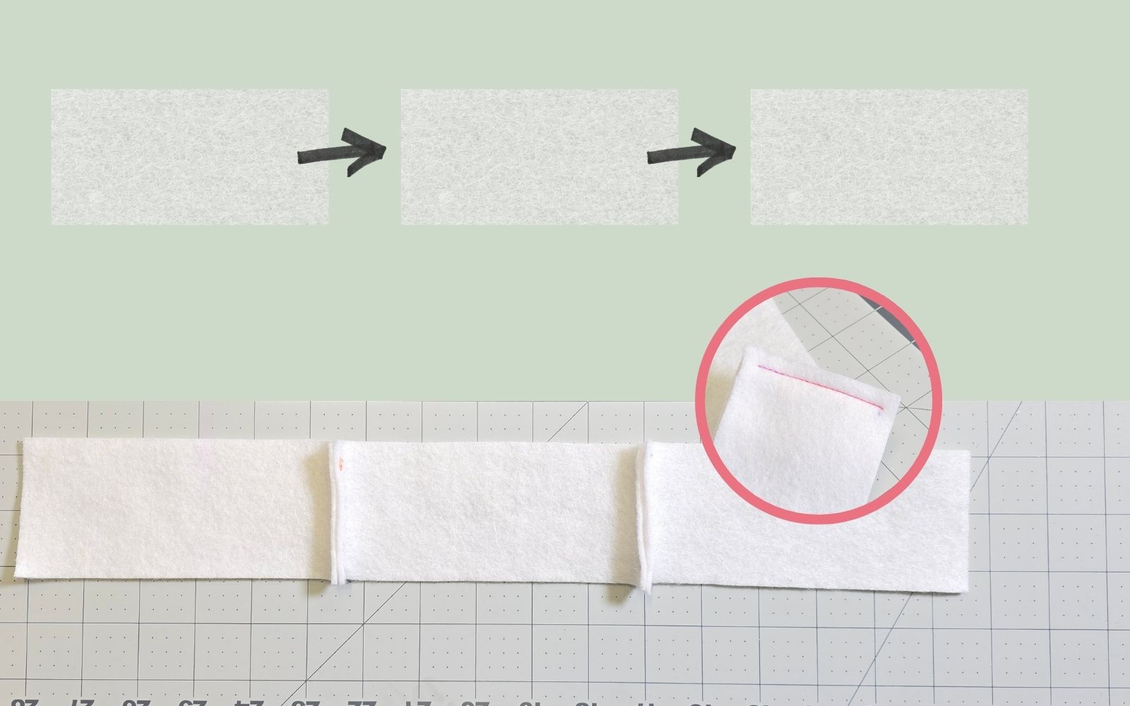 Tre parti in feltro rettangolari color crema cucite insieme in linea