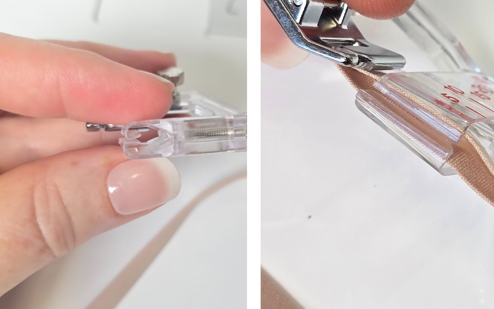 Fingers holding a Brother sewing machine presser foot