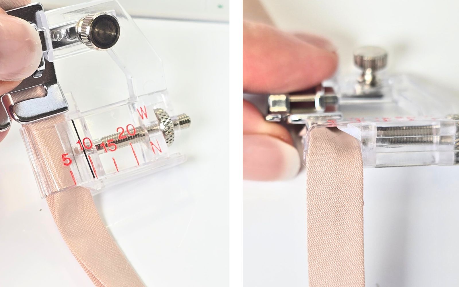 Hands holding translucent sewing foot with beige tape