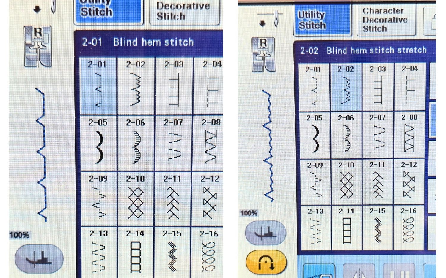 Sewing machine screens with blind hem stitch selected