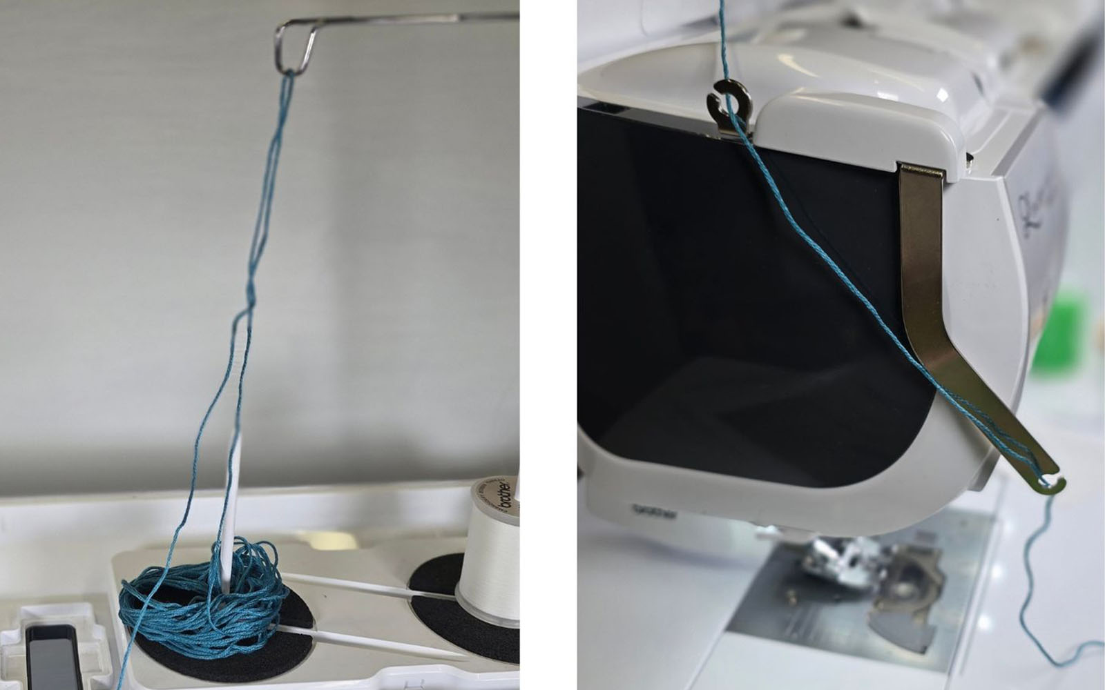 filato blu per lavorare a maglia su una macchina per cucire Brother