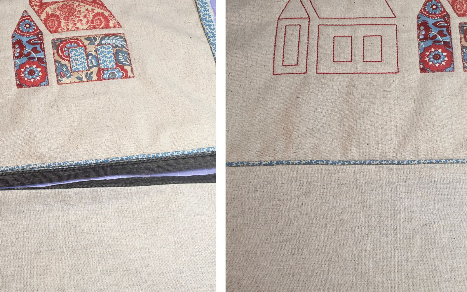 close up of blue piping sewn on natural linen cushion cover