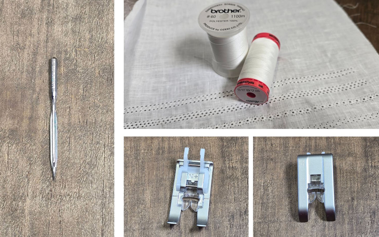 Wing needle, thread and sewing presser feet