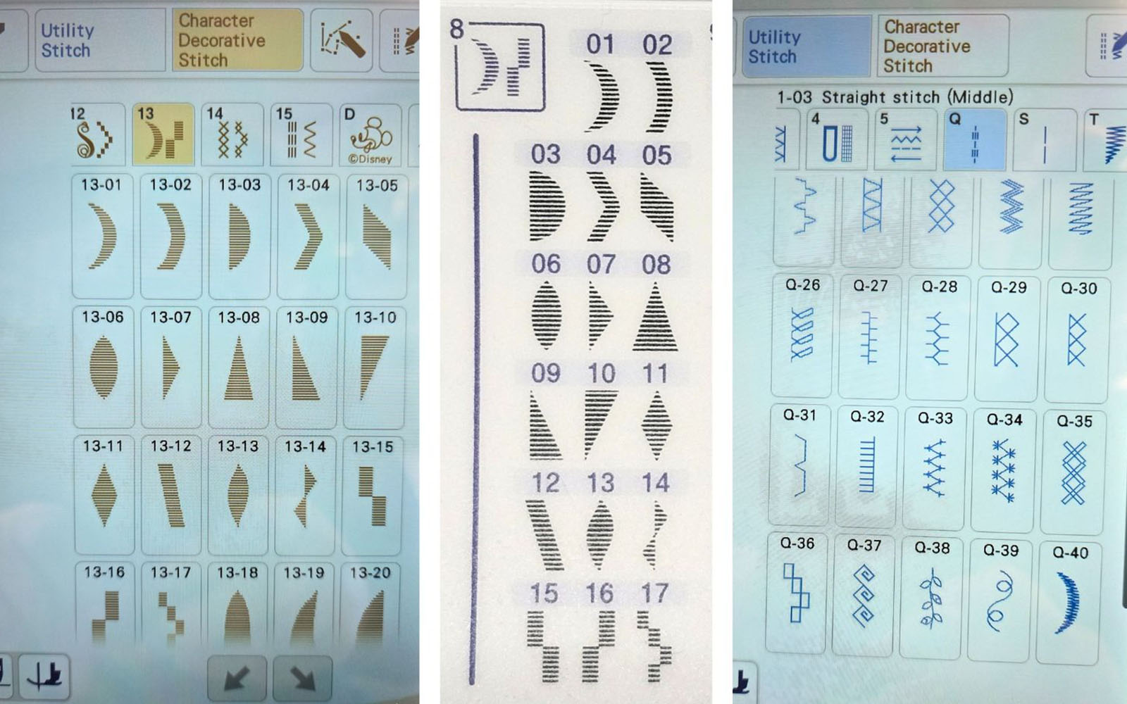 selection of stitch panels from Brother sewing machines